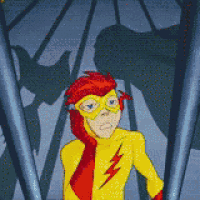 a cartoon drawing of a boy in a flash suit