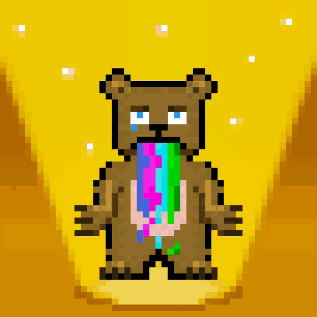 a pixel art of a bear with a rainbow coming out of his mouth