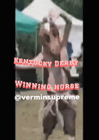 a man in a horse costume is dancing in front of a tent with kentucky derby winning horse written on the bottom