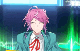 a girl with pink hair is wearing a blue jacket and red bow tie .
