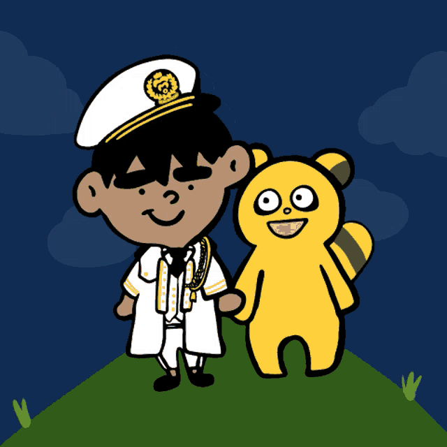 a cartoon drawing of a man and a yellow bear