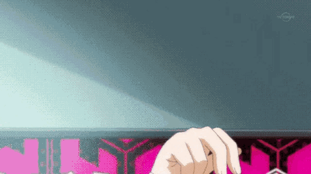 a pixelated image of a person 's hand against a pink and blue background ..