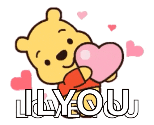 a winnie the pooh holding a pink heart with the words i love you written below him