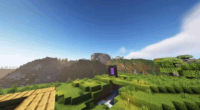 a minecraft scene with a purple portal in the middle of it