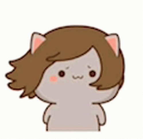 a cartoon cat with long brown hair and a pink nose is standing on a white background .