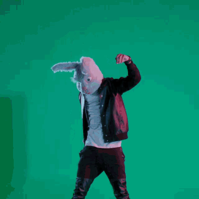 a man wearing a bunny mask and a leather jacket