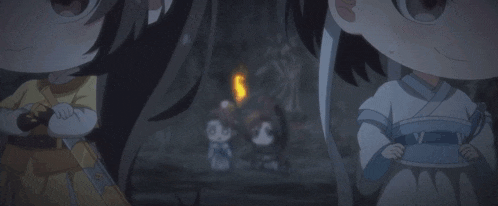 two cartoon characters are sitting in a dark room