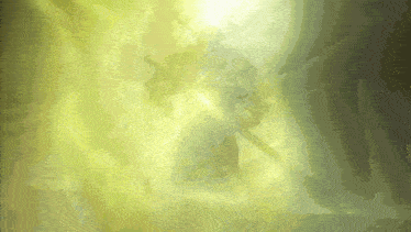 a painting of a person holding a sword in a yellow light