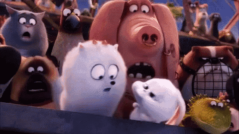 a group of cartoon animals are standing next to each other and looking over a fence .