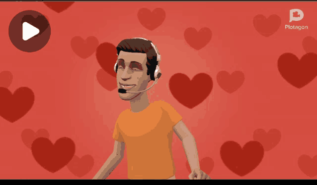 a man wearing headphones and a microphone is surrounded by hearts and a play button
