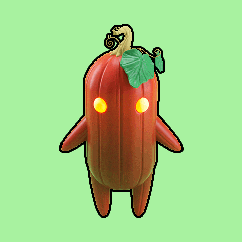 a cartoon drawing of a pumpkin with yellow eyes and a green leaf