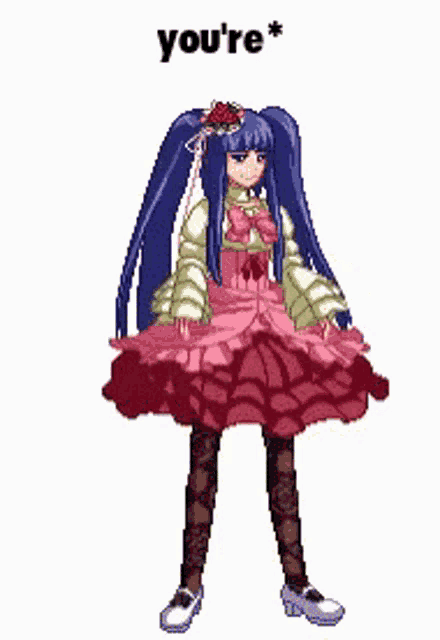 a pixel art of a girl in a pink dress with the words `` you 're '' .