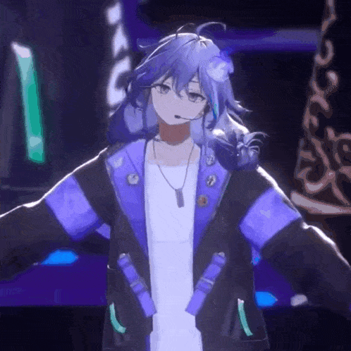 a girl with purple hair and a microphone is wearing a purple jacket and a white shirt .