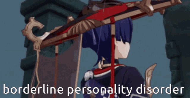 a cartoon character with a sword and the words " borderline personality disorder " on the bottom