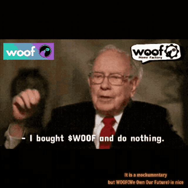 a man in a suit and tie says " i became wealthy " in front of a woof meme factory logo