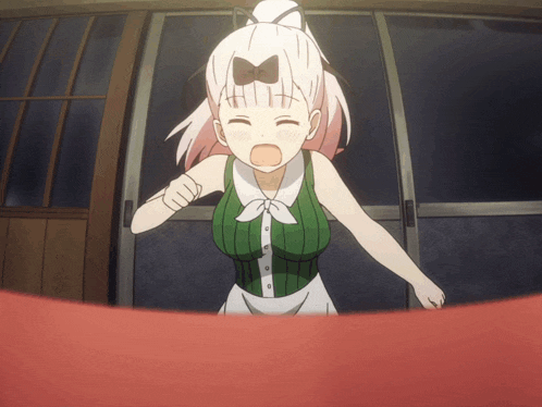a girl with white hair and a bow on her head is standing in front of a door