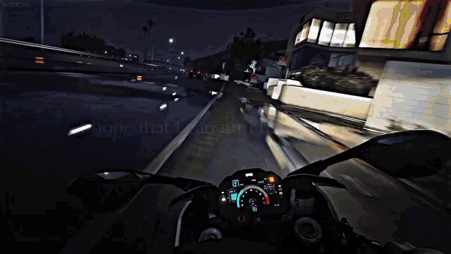 a motorcycle is driving down a highway at night with the words " i hope that i can turn back the time " above it
