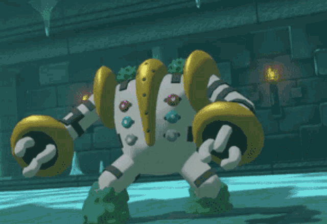 a cartoon drawing of a robot with rings on its arms and legs