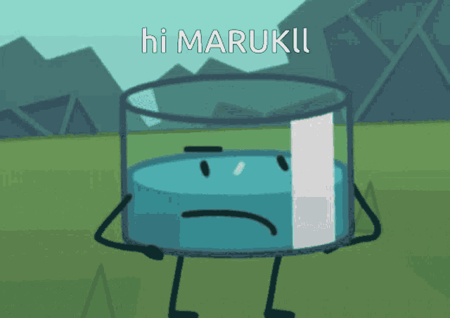 a cartoon character says hi marukill in a field