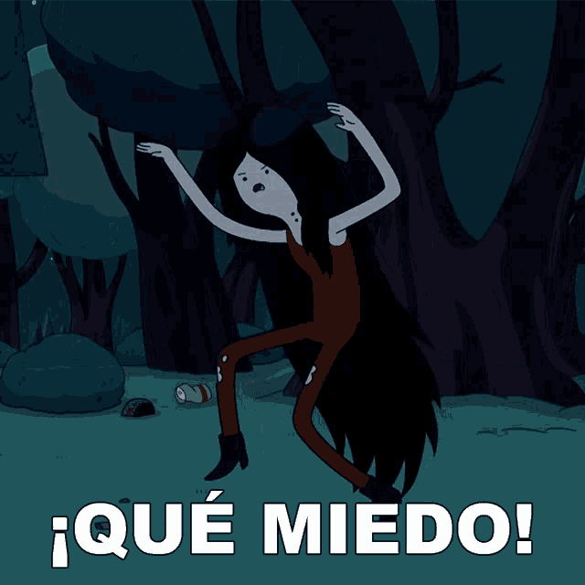 a cartoon of a woman with long black hair and the words que miedo on the bottom