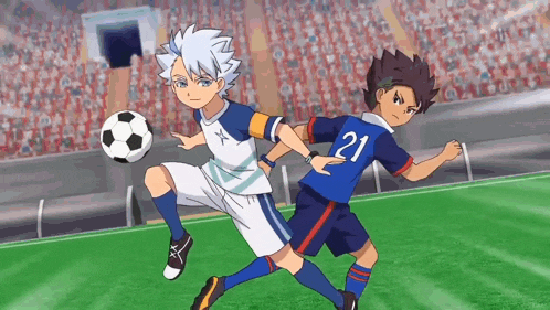 two soccer players are fighting for the ball on a soccer field .