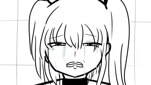 a black and white drawing of a girl with two pigtails and a mustache crying .