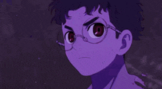 a close up of a cartoon character with purple hair and red eyes