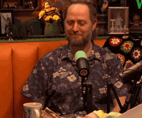a man in a floral shirt is sitting in front of a green microphone with the letter v on it