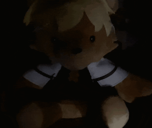 a teddy bear is sitting in the dark with a white shirt on