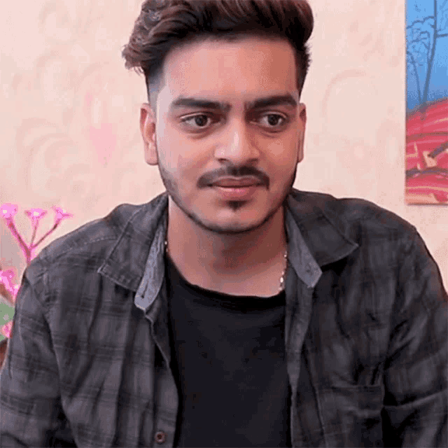 a young man with a beard and mustache is looking at the camera .