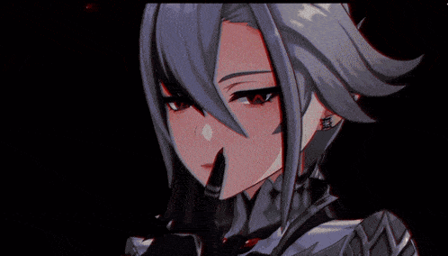 a girl with long hair and red eyes is holding a gun in her hand and covering her mouth with her hand .