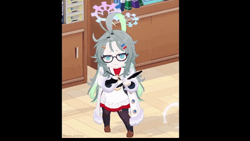 a girl with glasses is holding a pair of scissors in a video game