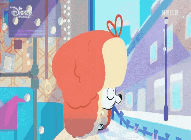 a disney cartoon shows a girl and a dog kissing in the snow