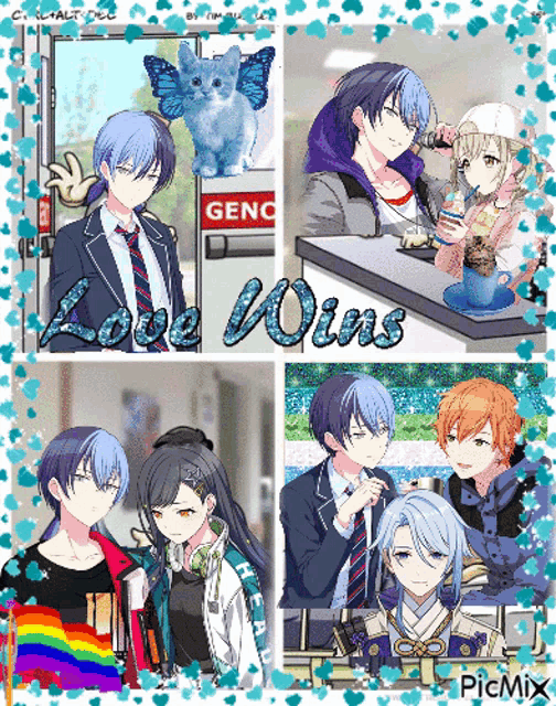 a collage of anime characters with the words love wins on the bottom