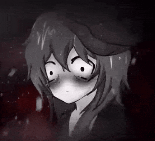 a black and white drawing of a girl with a sad expression on her face .