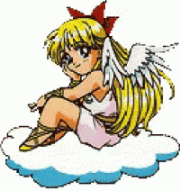 a cartoon angel is sitting on a cloud with wings .