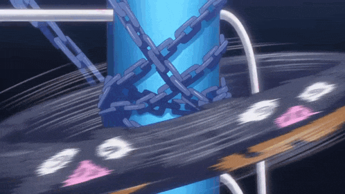 a blue pole with chains around it is surrounded by a black circle with the letters s and a on it