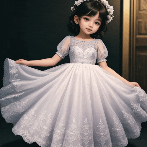 a little girl is wearing a white dress and a tiara