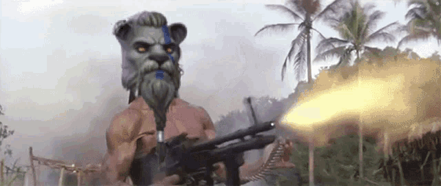 a man with a beard is holding a gun in front of a forest .