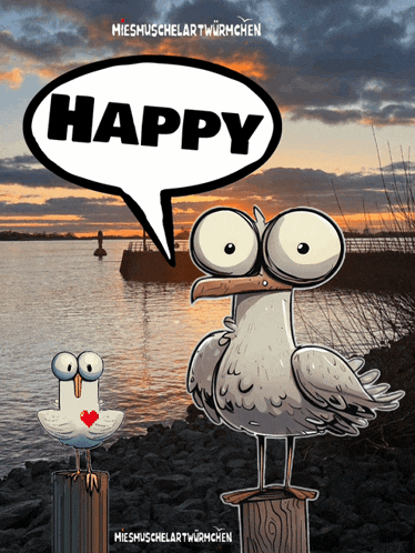 a cartoon of a seagull with a speech bubble saying happy