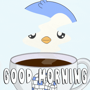 a penguin is coming out of a cup that says good morning