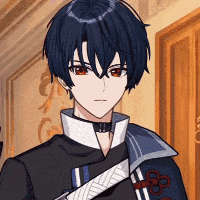 a boy with blue hair and red eyes is wearing a choker