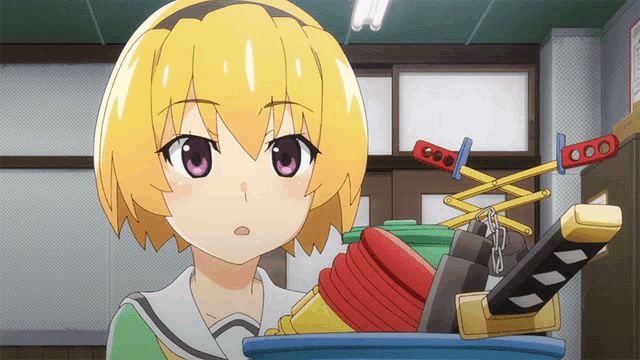 a girl in a school uniform is holding a bucket full of toys