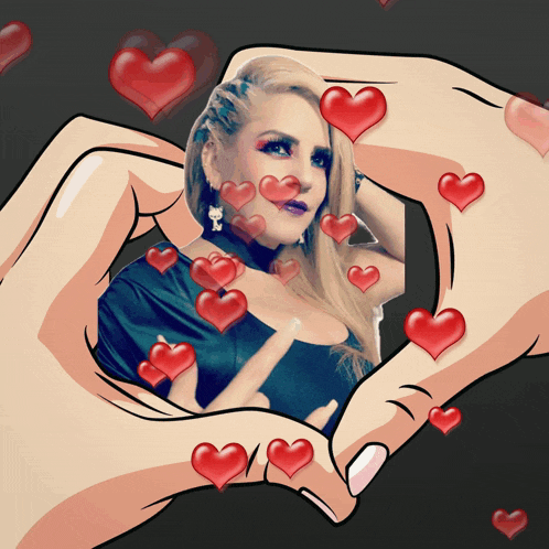 a picture of a woman surrounded by hearts with a cat on her ear