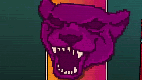 a pixel art of a purple panther with its mouth open .