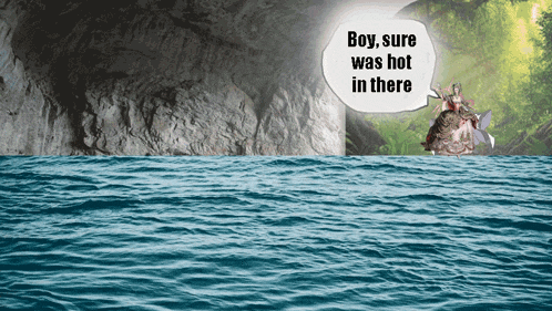 boy sure was hot in there is written in a speech bubble over a body of water