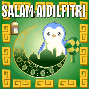 a penguin is sitting on a crescent moon with the words salam aidilfitri written on the bottom
