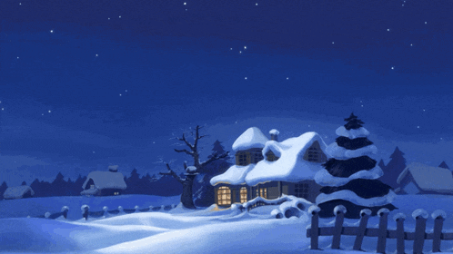 a snowy scene with a house in the foreground and a tree in the background
