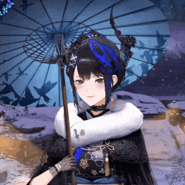 a girl with blue hair is holding an umbrella in her hand