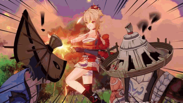 a girl in a red dress is holding a flamethrower in her hand